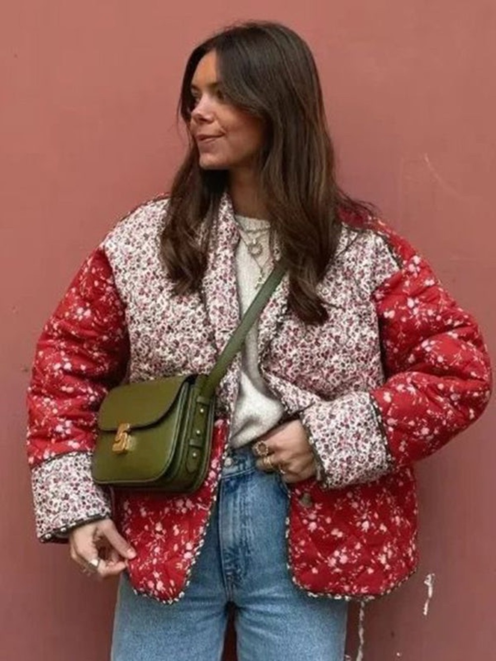 Floral Patchwork Quilted Jacket Red White - Small